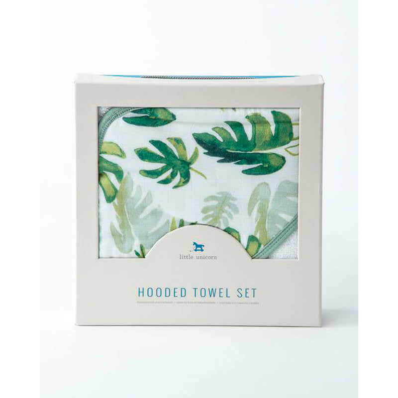 Little Unicorn Hooded Towel & Wash Cloth - Tropical Leaf