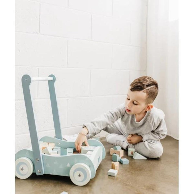 Bubble Wooden Baby Push Cart & Walker with 46 Building Blocks