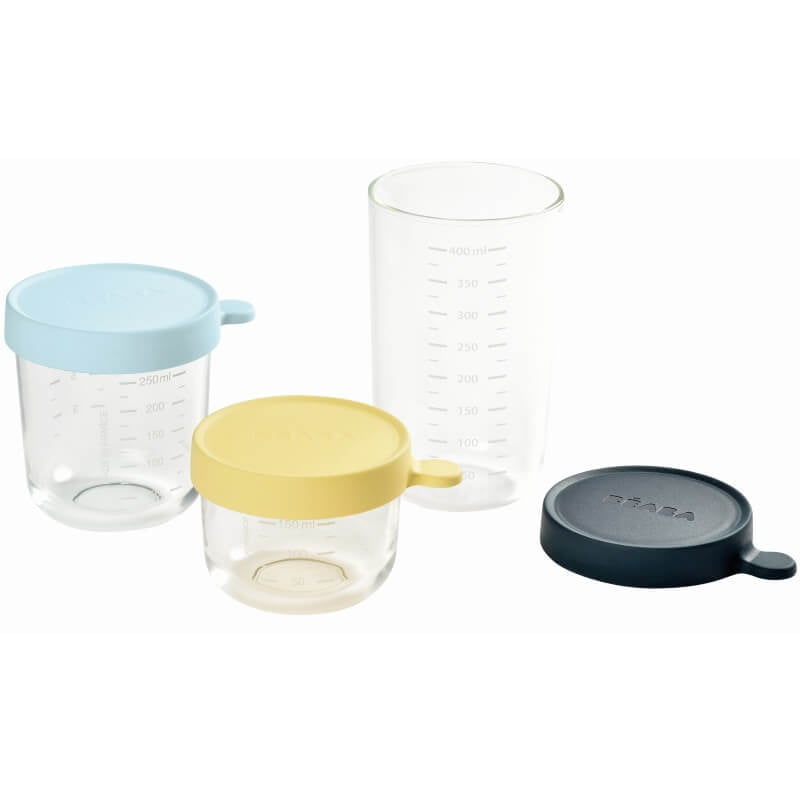 Beaba Glass & Silicone Containers - Set of 3 (150ml, 250ml & 400ml) - Yellow, Light Blue, Dark Blue