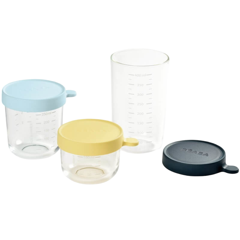 Beaba Glass & Silicone Containers - Set of 3 (150ml, 250ml & 400ml) - Yellow, Light Blue, Dark Blue