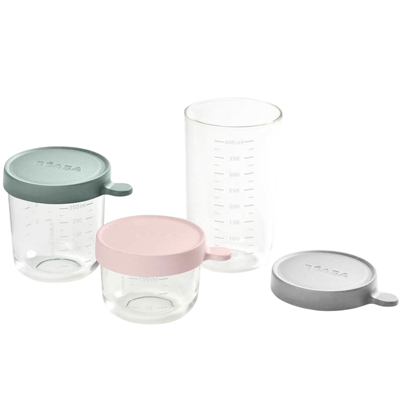 Beaba Glass & Silicone Containers - Set of 3 (150ml, 250ml & 400ml) - Pink, Eucalyptus Green, Light Mist