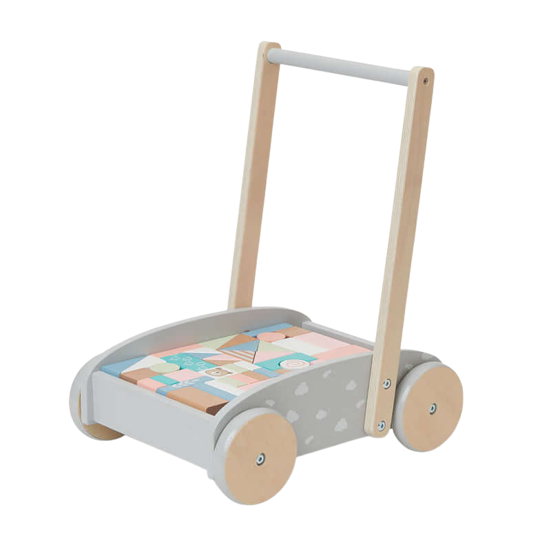 Bubble Wooden Baby Push Cart & Walker with 46 Building Blocks